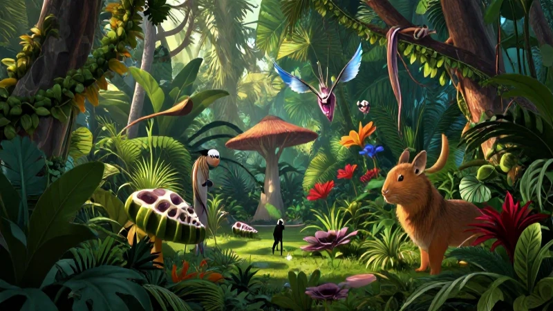 Heterótrofos: Concepto, clasificación y ejemplos destacados 6 Selva tropical vibrante con ilustración educativa detallada
