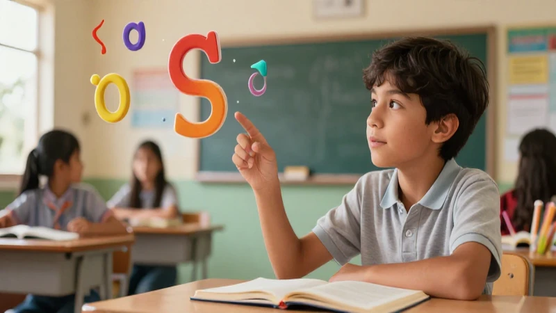Estudiante observa vocales latinas en aula moderna