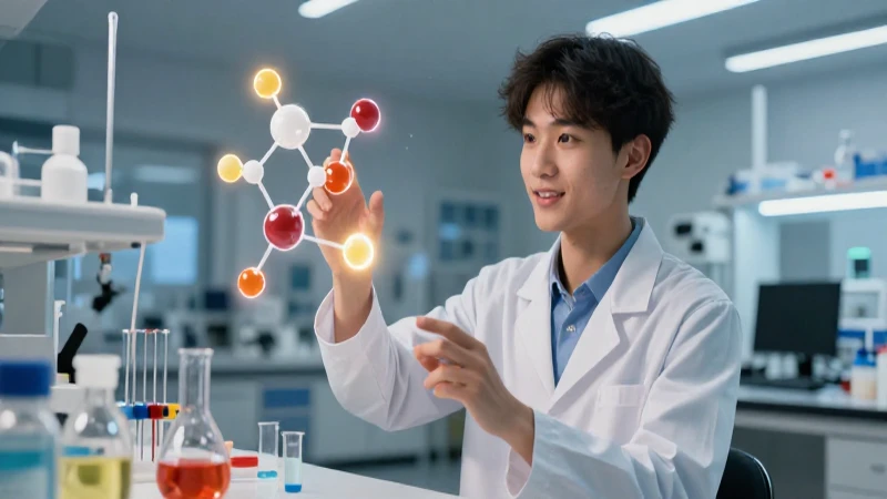 Estudiante interactúa con modelos moleculares en laboratorio