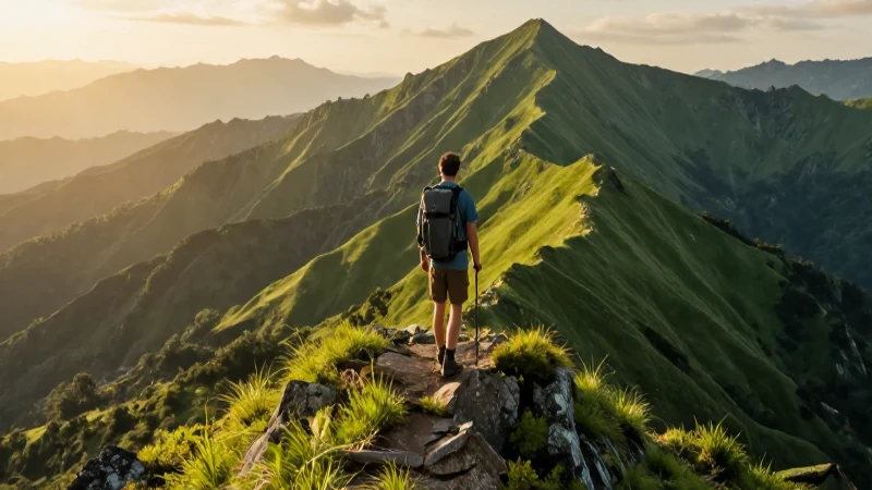 Hiking: Qué es, beneficios, definición y concepto esencial 4 Senderismo alpino con luz dorada y enfoque dinámico