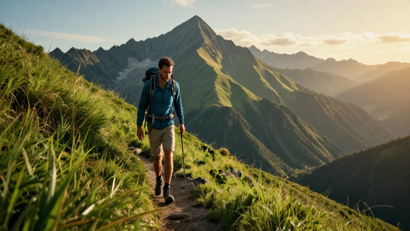 Hiking: Qué es, beneficios, definición y concepto esencial 3 Senderista en montañas con luz dorada