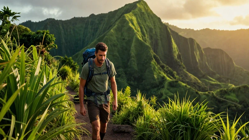 Hiking: Qué es, beneficios, definición y concepto esencial 8 Senderista en vibrante paisaje tropical dorado