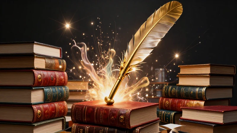 Hipérbole: Concepto, Ejemplos en Poesía y Publicidad 5 Pluma de oro y libros en vibrante explosión