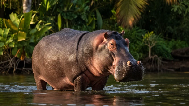 Hipopótamo majestuoso emerge en entorno tropical vibrante