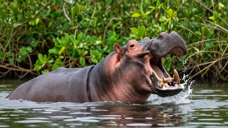 Hipopótamo majestuoso se alimenta en río tropical