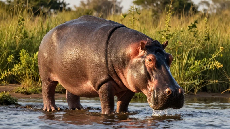 Hippo majestuoso emerge de río africano al atardecer