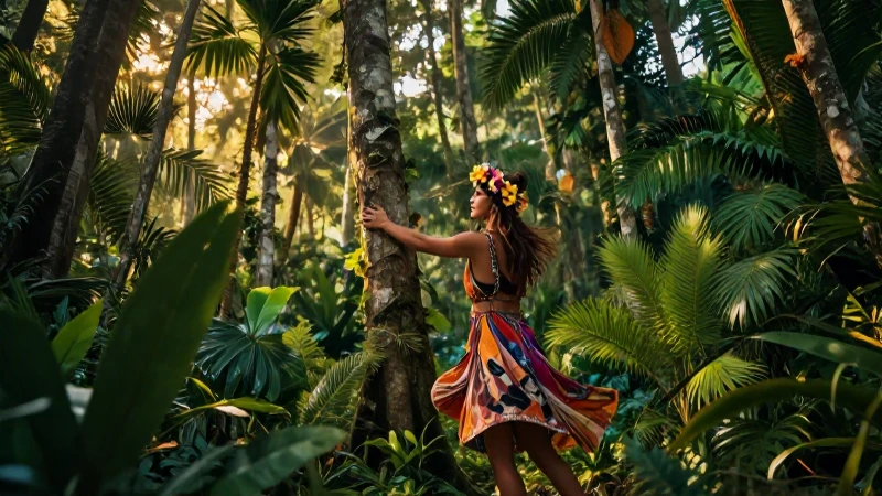 Hippie vibrante en selva tropical dorada