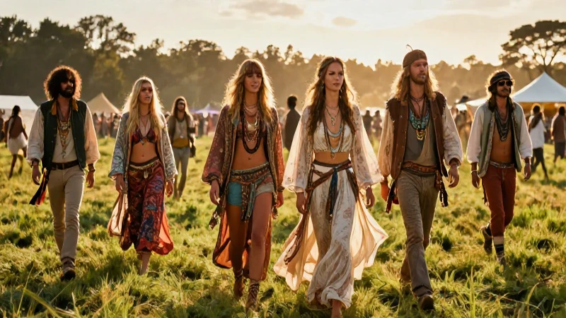 Hippies bohemios en festival dorado