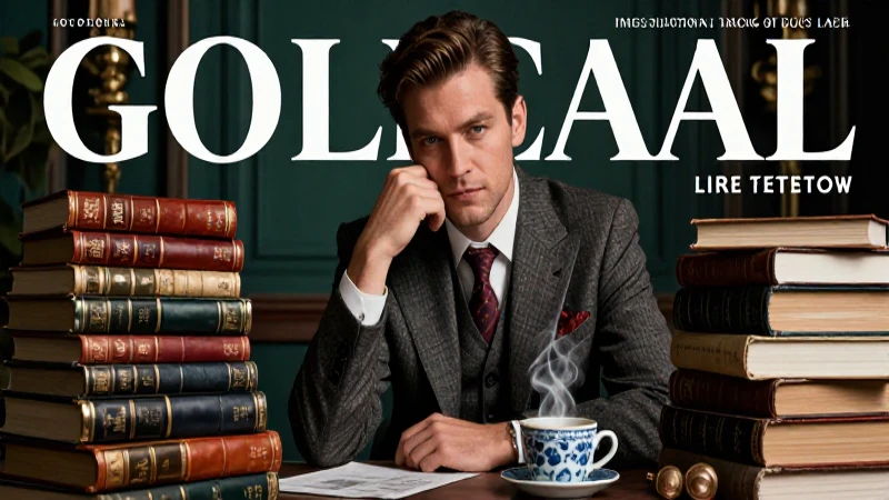 Hombre moderno en revista con libros y café