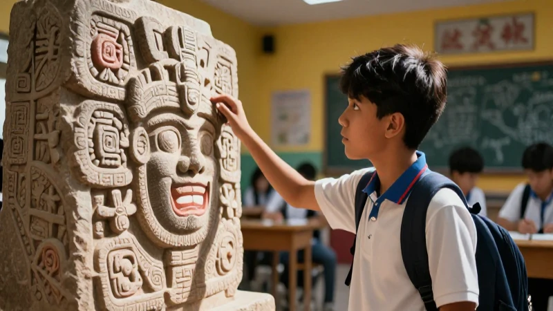 Estudiante mexicano mira escultura azteca antigua