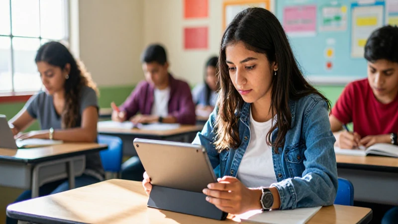 Descarga gratis el libro de Historia 2 de secundaria en formato PDF 4 Estudiante moderno lee libro digital en aula soleada