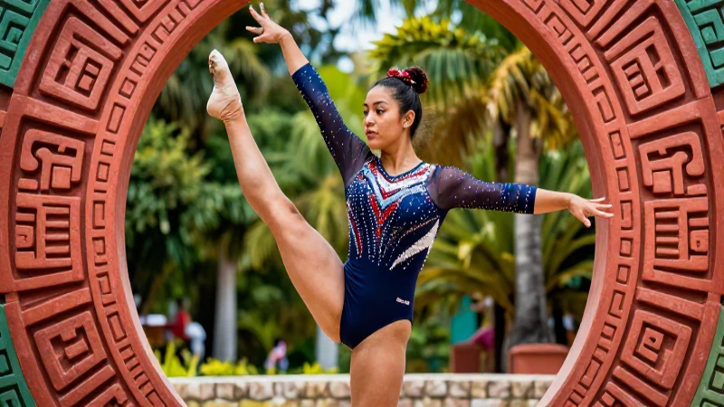 cómo ha evolucionado la historia de la gimnasia y sus logros 5 Gimnasta mexicana estilizada con ambiente épico