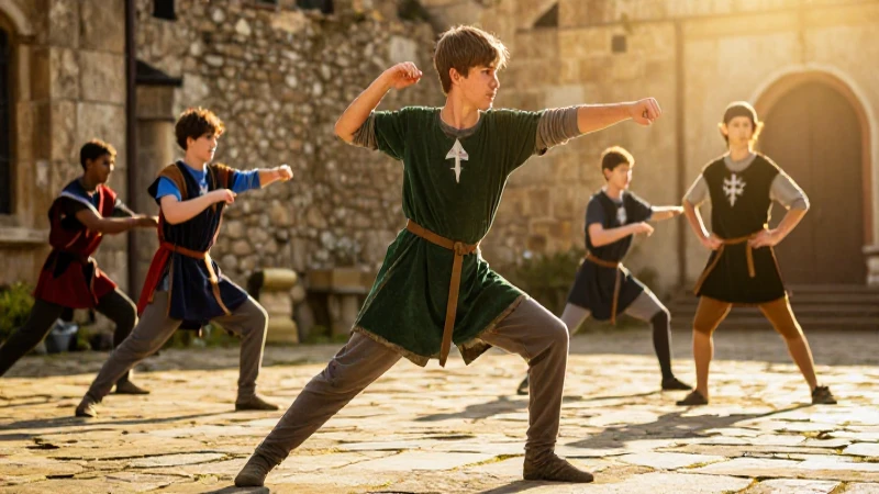 cómo ha evolucionado la historia de la gimnasia y sus logros 3 Joven medieval practicando movimientos en un patio soleado