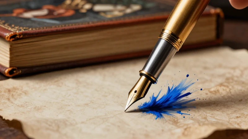 Pluma dorada sobre pergamino con luz dramática