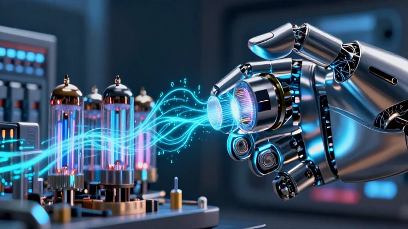 Mano robótica con tubos y datos en estética moderna