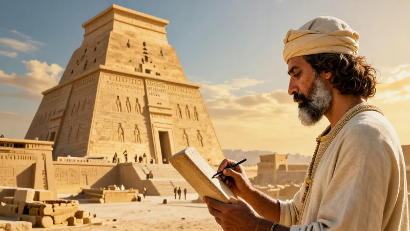Escriba mesopotámico junto a gran ziggurat