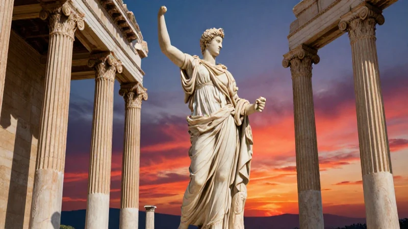 Escultura griega y columnas clásicas al atardecer