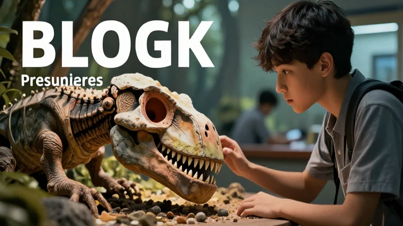 Ilustración profesional de un estudiante junto a fósiles prehistóricos