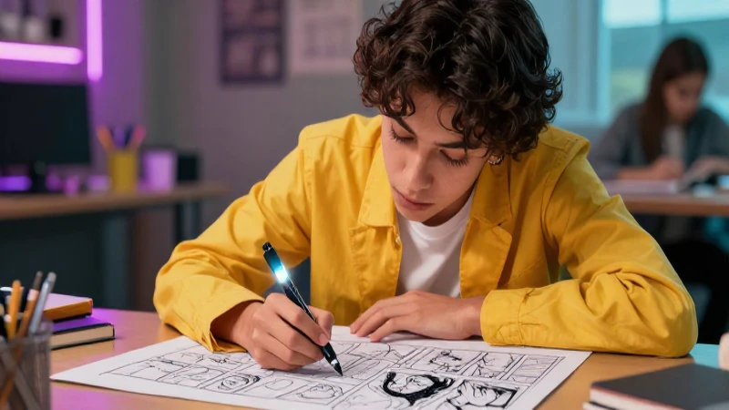Estudiante joven ilustra con estilo profesional vibrante