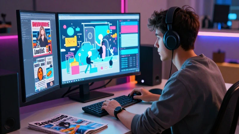 Joven creativo en escritorio con historia brillante