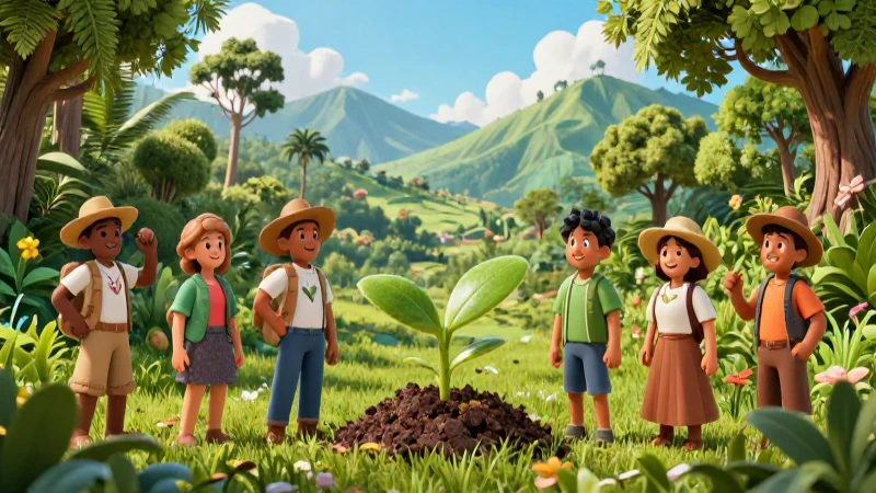 Personajes ecológicos en un vibrante paisaje mexicano