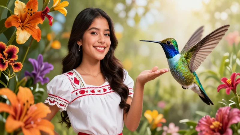 Estudiante mexicano con naturaleza y colibrí vibrante