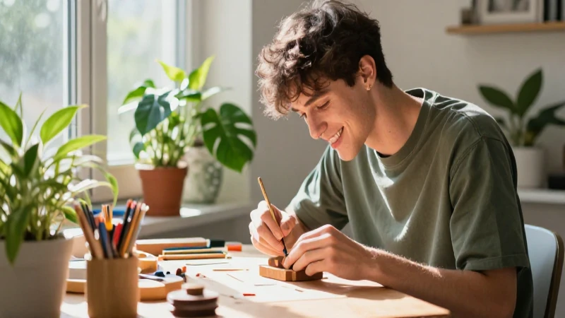 Joven artesana trabaja bajo luz natural