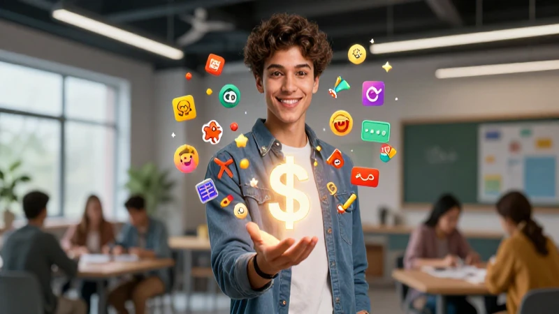 Joven creativo con símbolo de hobbies en entorno moderno
