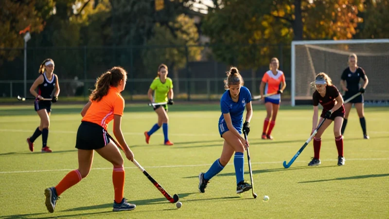 Hockey inclusivo con estudiantes vibrantes al atardecer