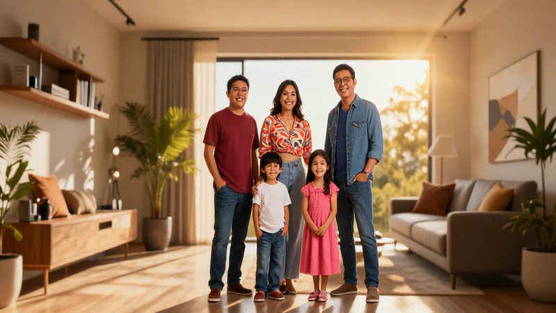 Familia mexicana feliz en hogar acogedor con luz dorada
