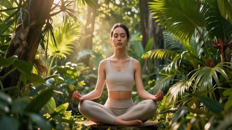 Joven meditando bajo luz tropical dorada