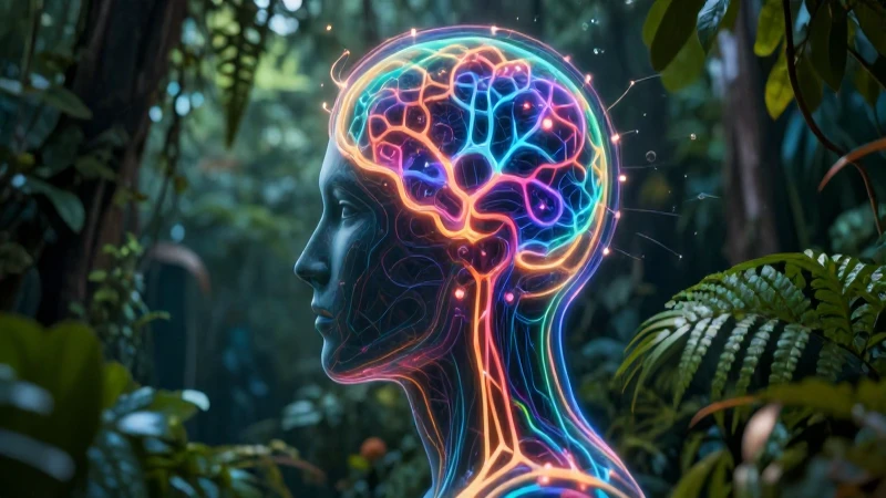 Silueta humana y red neuronal en naturaleza vibrante