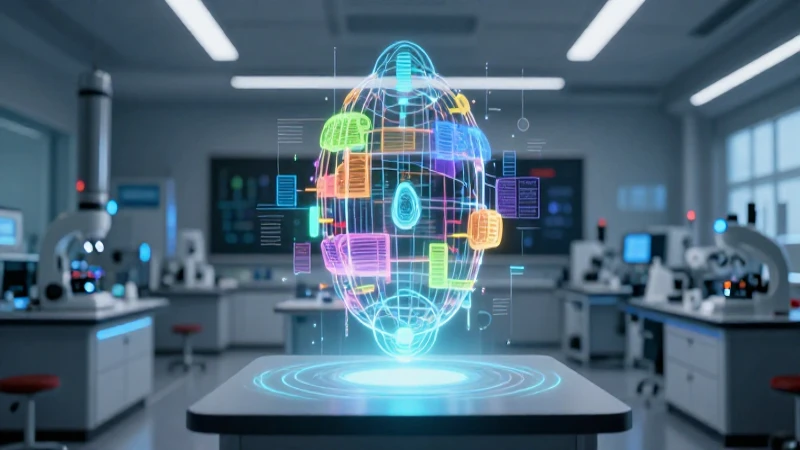 Proyección holográfica vibrante en laboratorio moderno