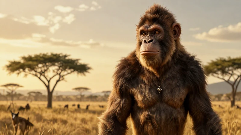 Retrato dinámico de homínido en sabana prehistórica
