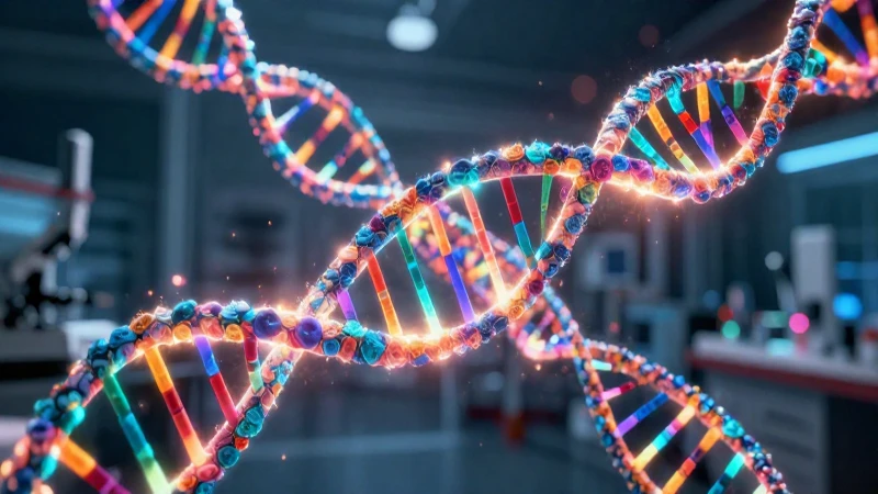 ADN luminoso fusionado con datos en laboratorio futurista