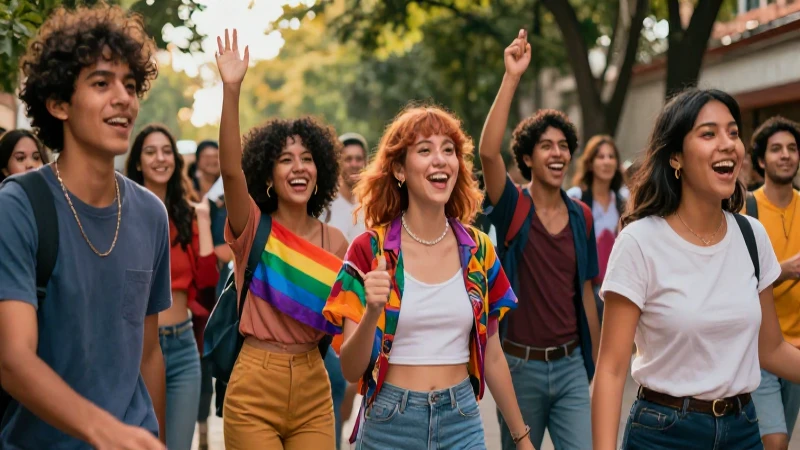 Diversas personas celebrando el progreso LGBTQ+ con estilo vibrante
