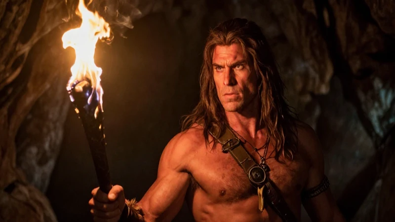 Neandertal potente con antorcha en cueva oscura