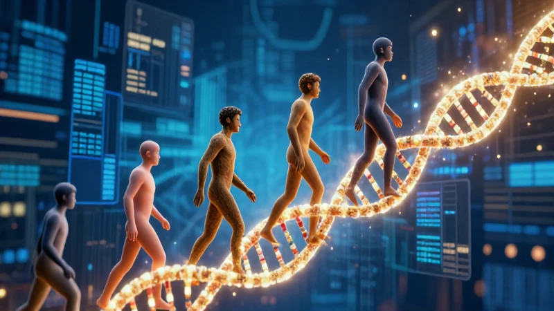 Evolución humana estilizada con ADN y datos
