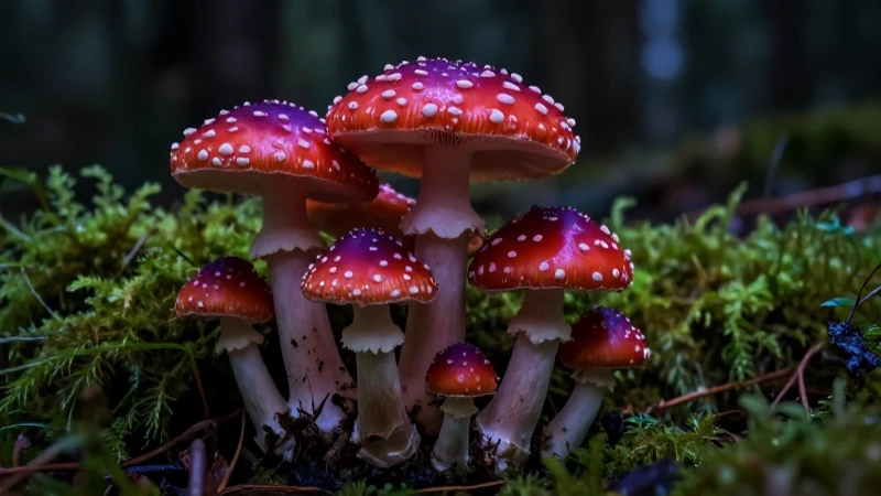 Fungos tóxicos vibrantes sobre suelo de bosque oscuro