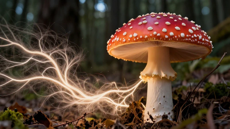 Hongo rojo vibrante con red micelial brillante