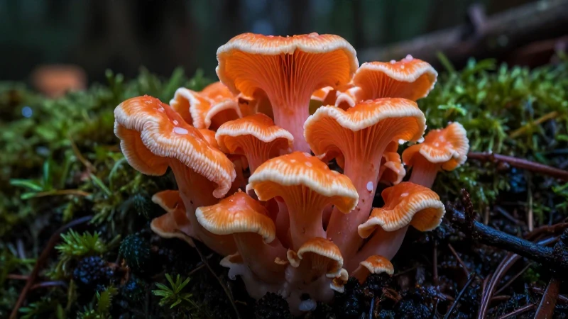 Hongo bioluminiscente vibrante en bosque oscuro
