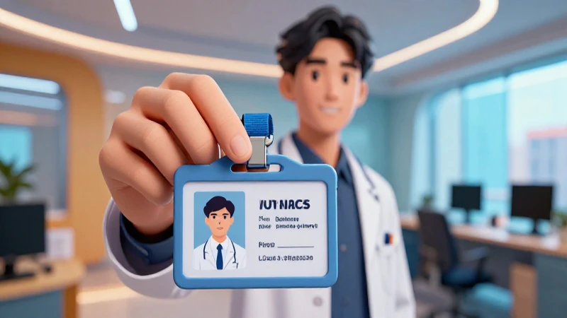 Joven profesional sostiene identificación en oficina moderna