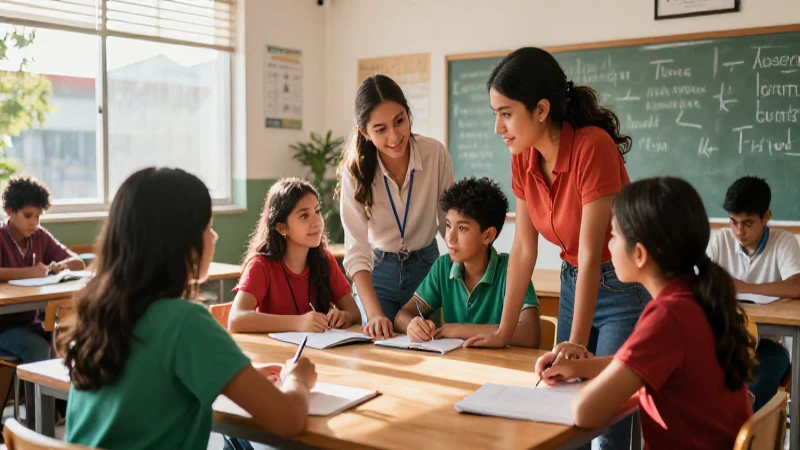 Conoce ventajas de las horas lectivas en la escuela mexicana 3 Aula mexicana moderna, luz vibrante, estudiantes colaborando