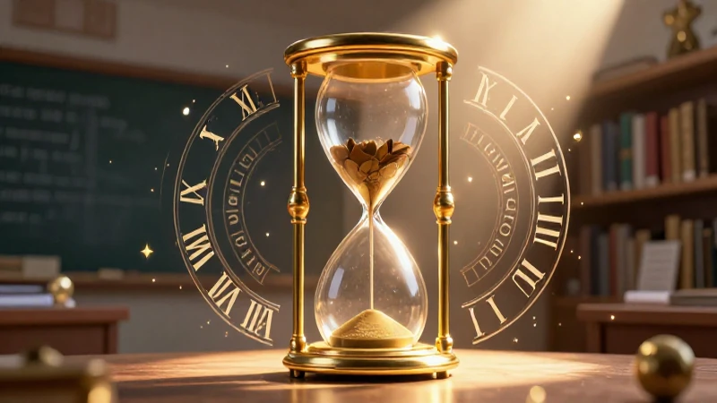 Horas: Definición, Concepto y Su Importancia en la Vida 3 Reloj de arena dorado y glifos romanos en ambiente académico