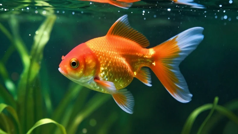 Goldfish mágico vibrante en agua esmeralda