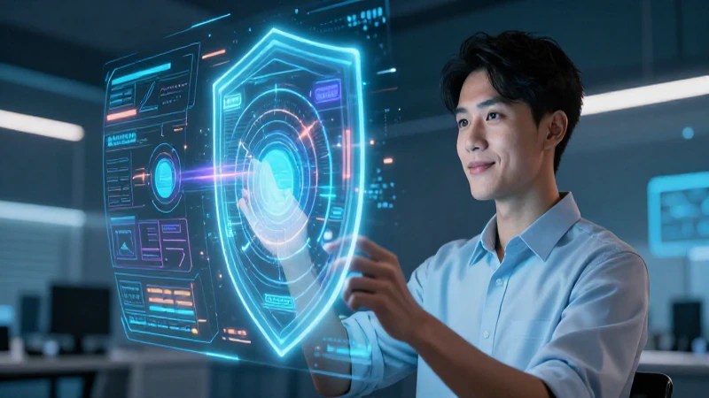Huella digital: Guías para proteger tu identidad online 8 Profesional observa escudo digital en un complejo holograma