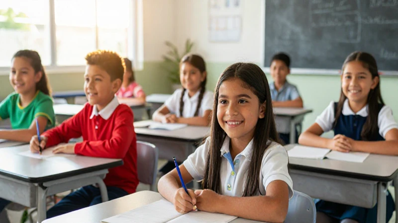 Niños mexicanos sonrientes en aula moderna y luminosa