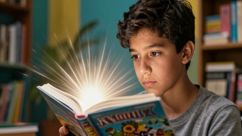 Joven mira libro brillante en estética educativa moderna