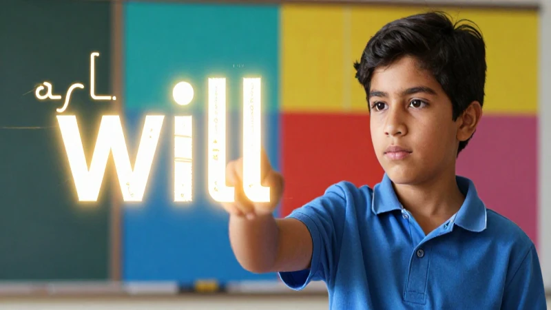 Oraciones con 'will' y 'won’t': 50 Ejemplos Claros 7 Ilustración educativa dinámica de un joven mexicano