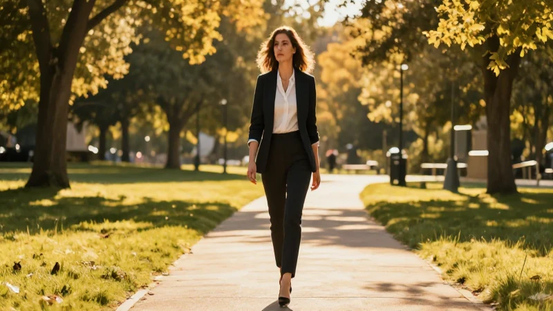 Iba caminando: Reflexiones sobre el viaje interior 5 Mujer profesional contemplando en un parque moderno al atardecer
